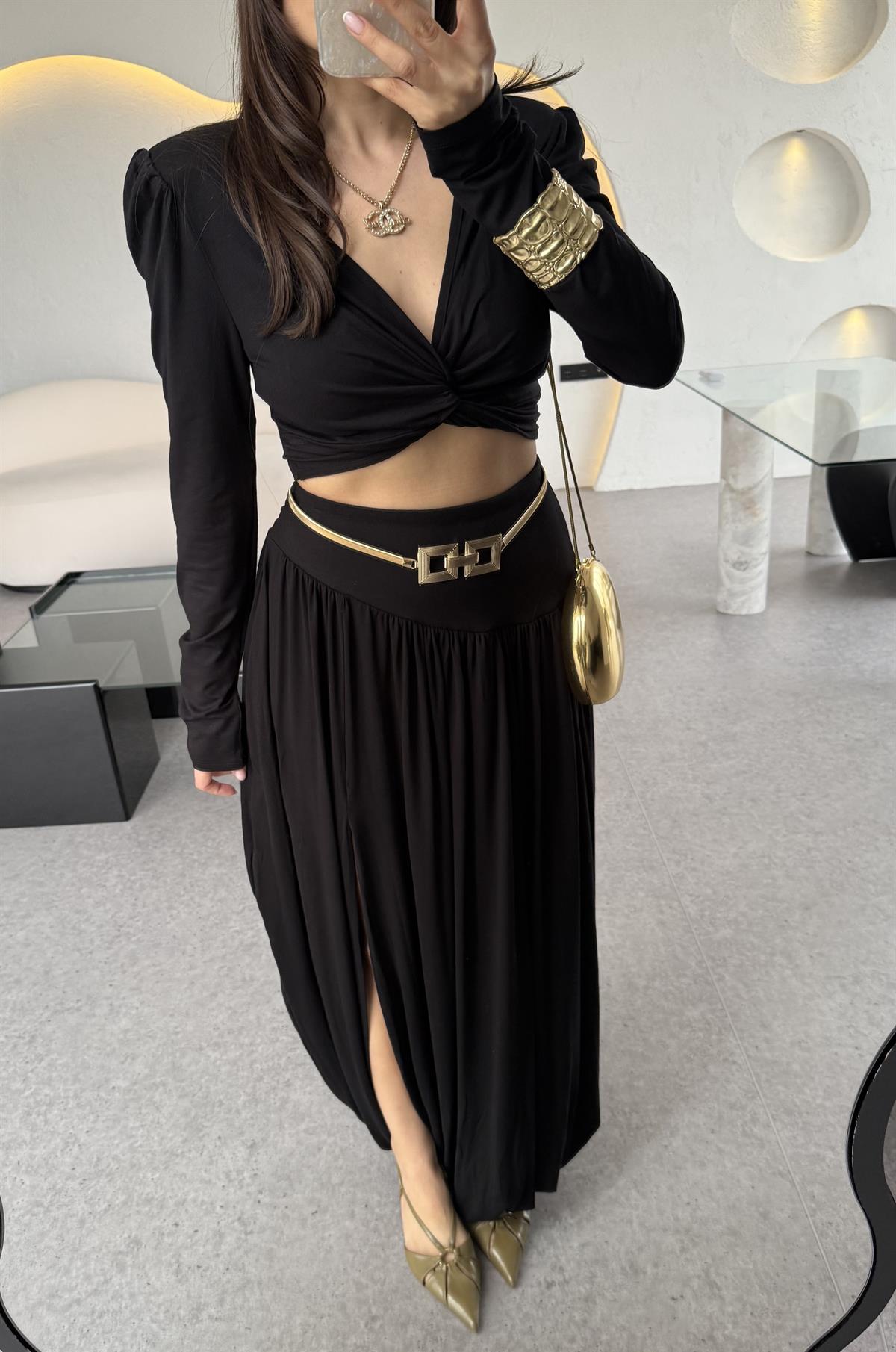 Margarita Tasarım Vatkalı Crop Şalvar Etek Takım