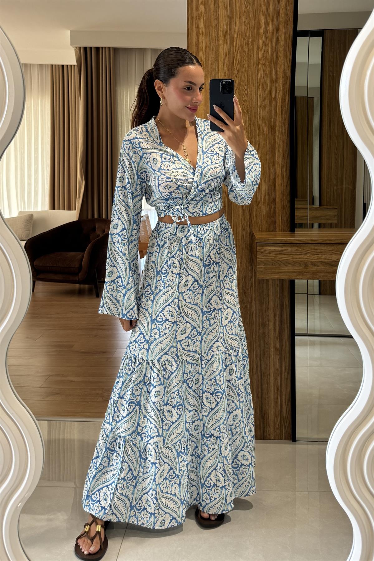 Sugar Mavi Etekli Desenli Takım