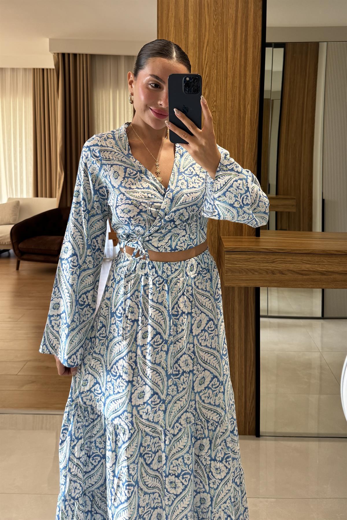 Sugar Mavi Etekli Desenli Takım