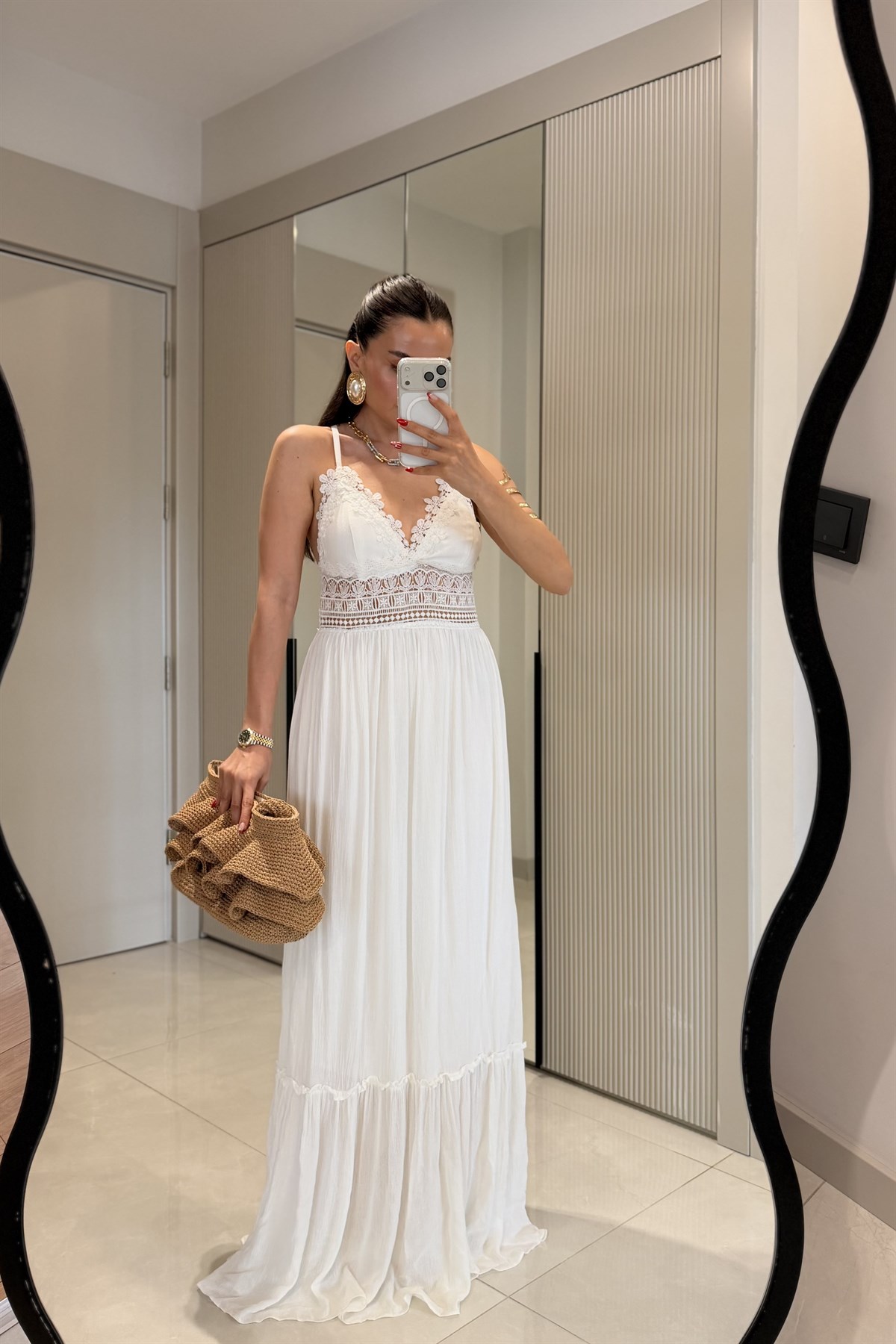 Summer Beyaz Dantel Detaylı Maxi Elbise