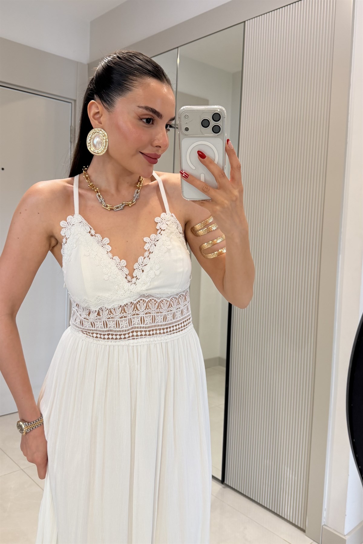 Summer Beyaz Dantel Detaylı Maxi Elbise
