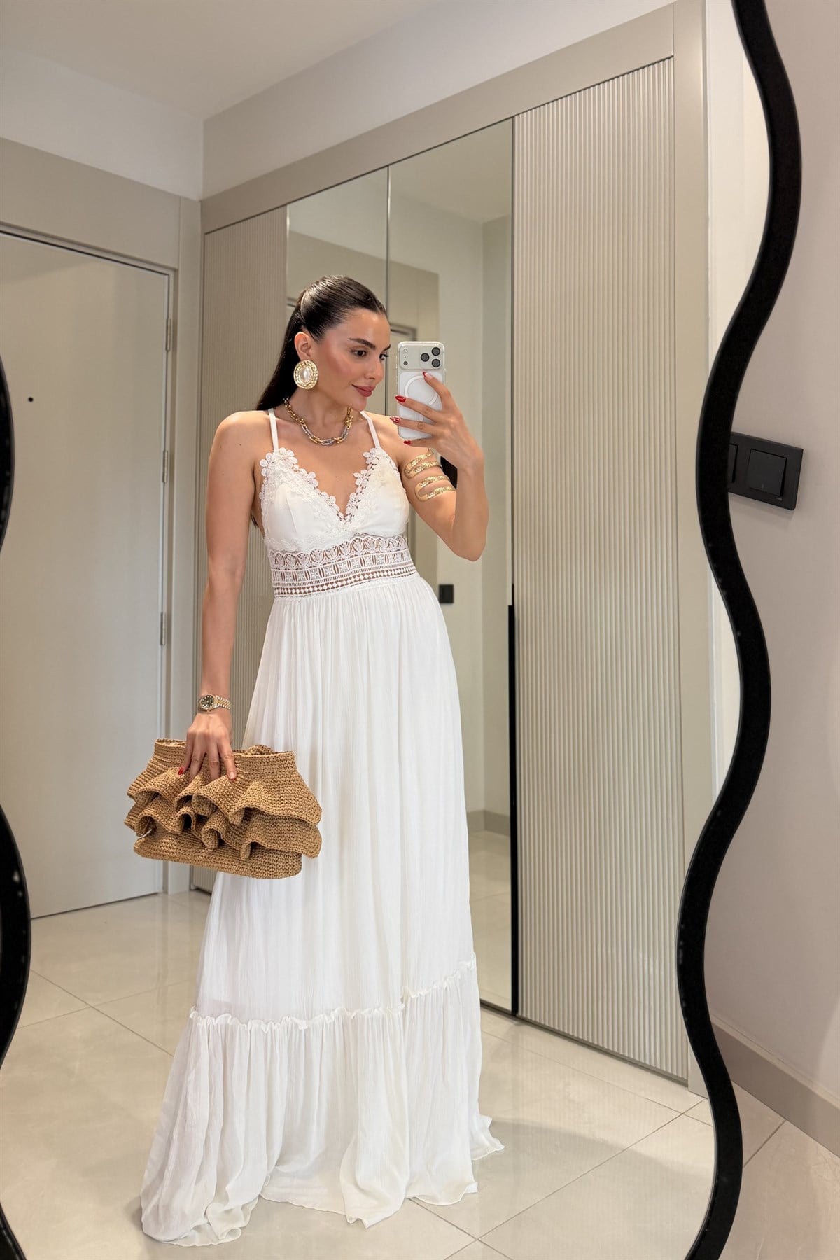 Summer Beyaz Dantel Detaylı Maxi Elbise