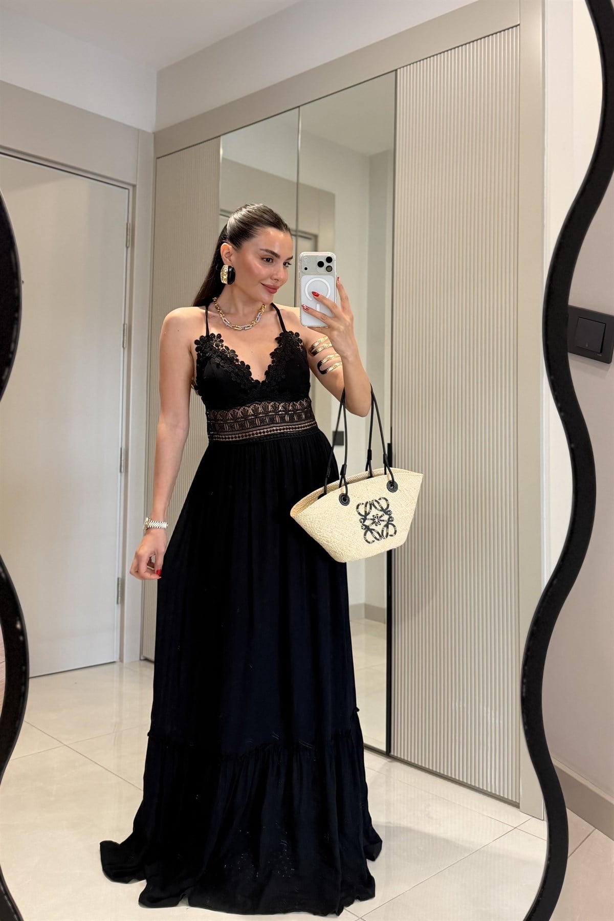 Summer Siyah Dantel Detaylı Maxi Elbise