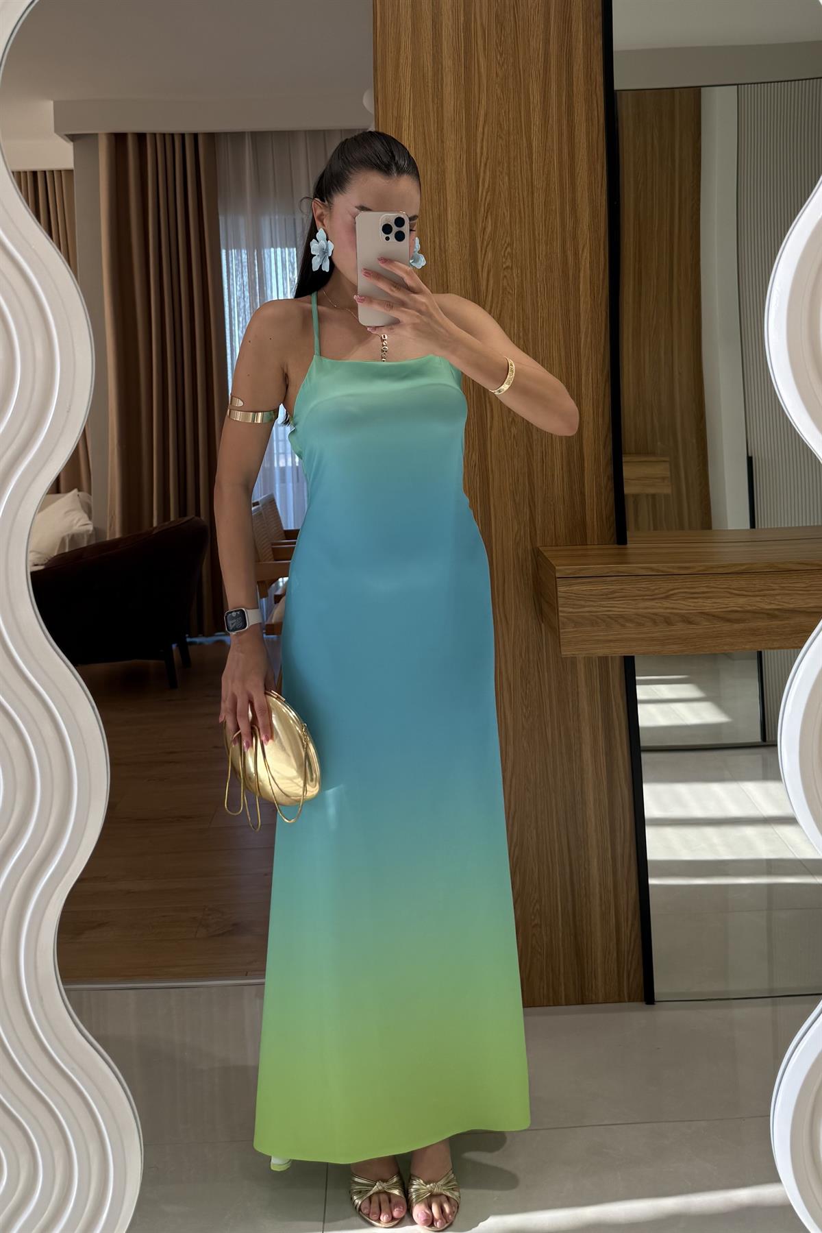 Summer Yeşil Sırt Detaylı Saten Elbise