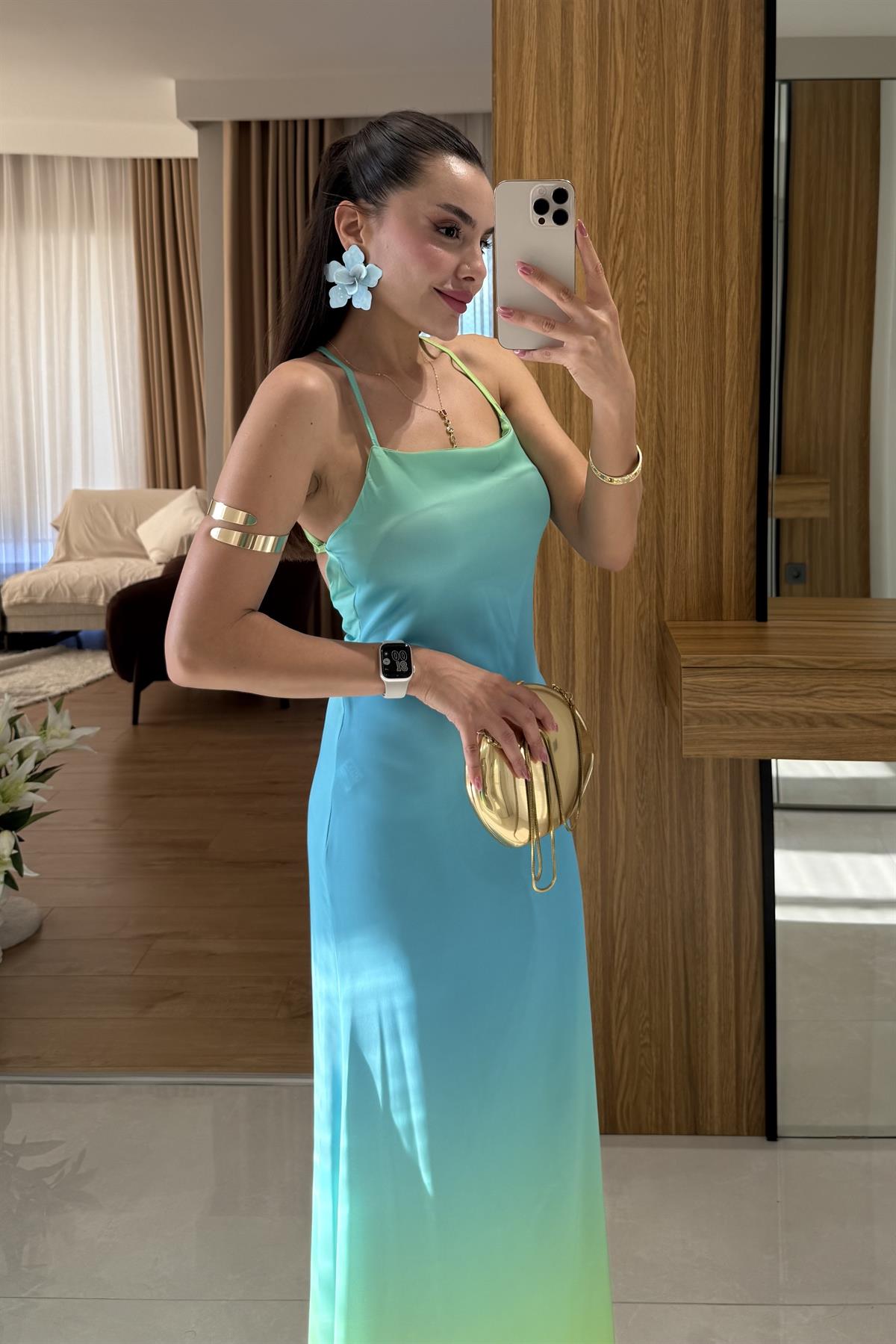 Summer Yeşil Sırt Detaylı Saten Elbise