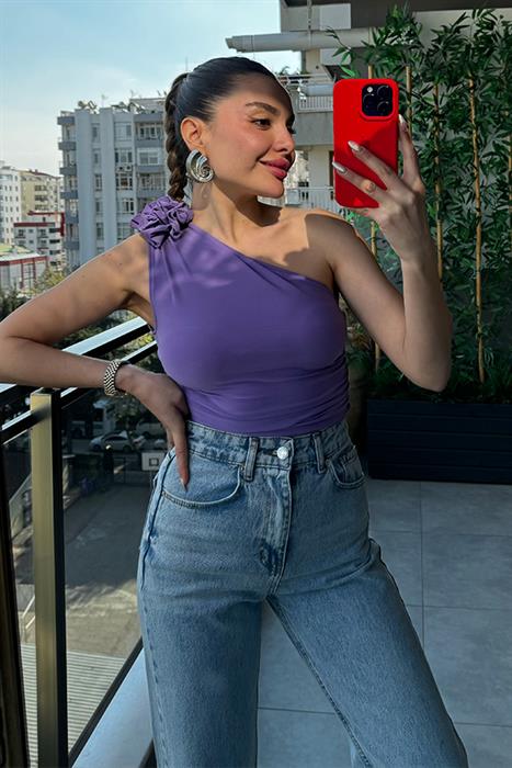 Summy Omzu Çiçek Detaylı Tek Kol Body - Lila