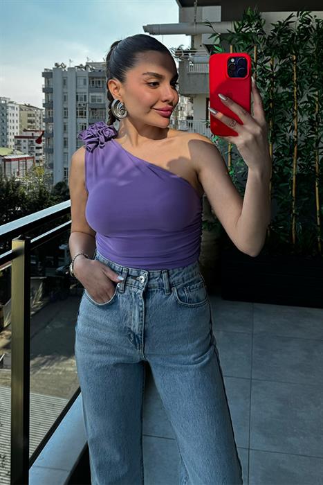 Summy Omzu Çiçek Detaylı Tek Kol Body - Lila