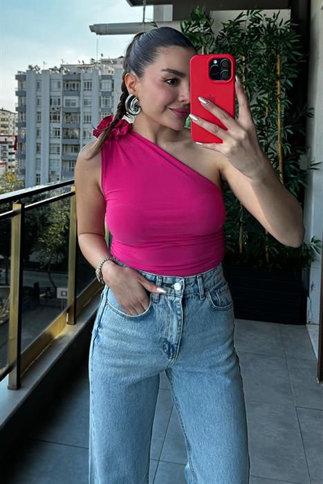Summy Omzu Çiçek Detaylı Tek Kol Body - Pembe