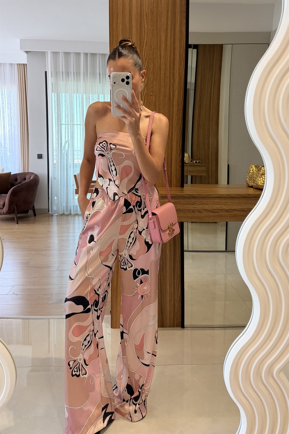 Sunflower Pembe Saten Desenli Straplez Takım
