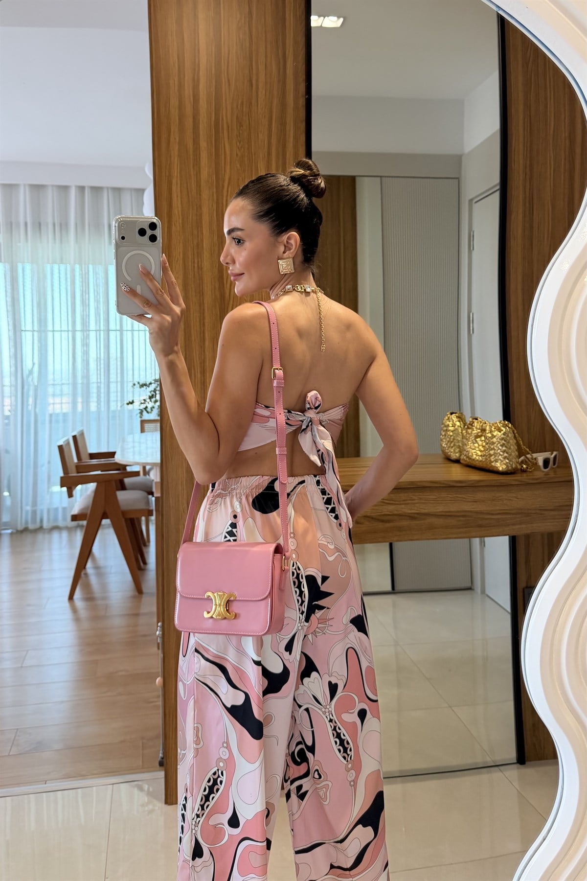 Sunflower Pembe Saten Desenli Straplez Takım