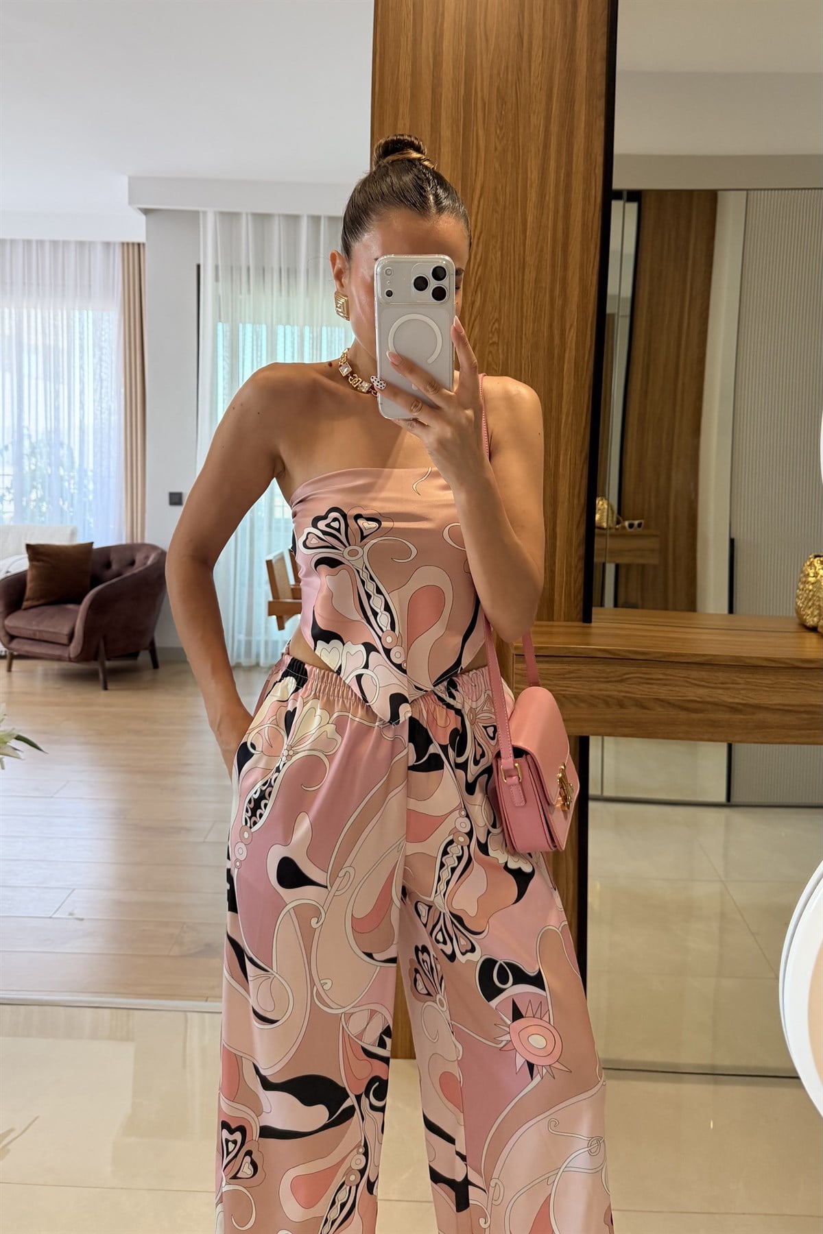 Sunflower Pembe Saten Desenli Straplez Takım
