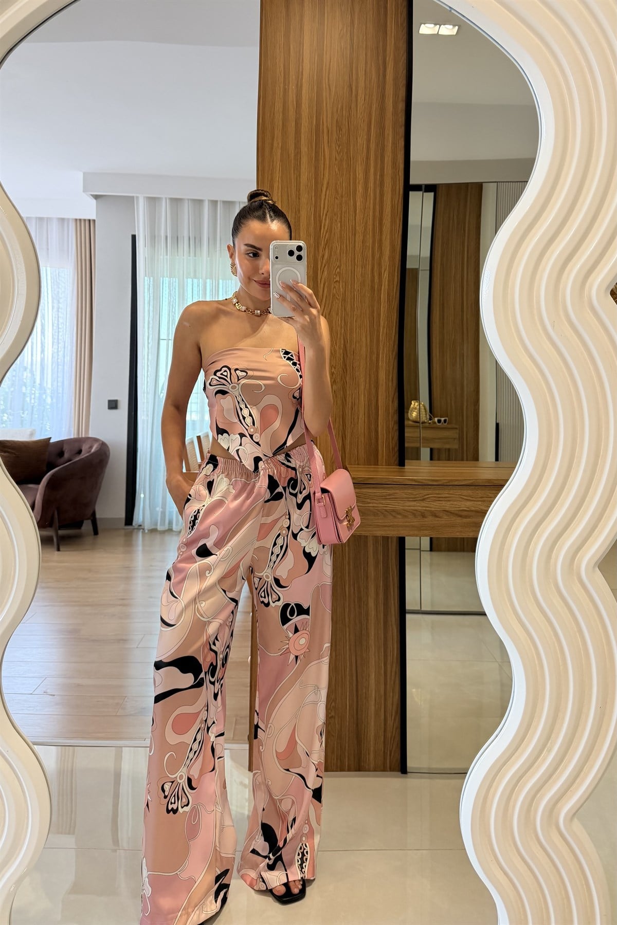 Sunflower Pembe Saten Desenli Straplez Takım