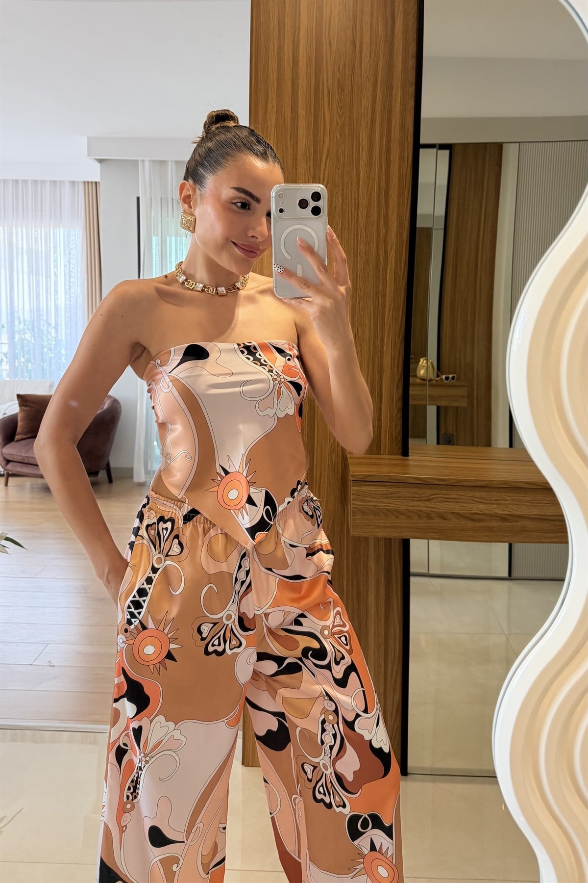 Sunflower Turuncu Saten Desenli Straplez Takım
