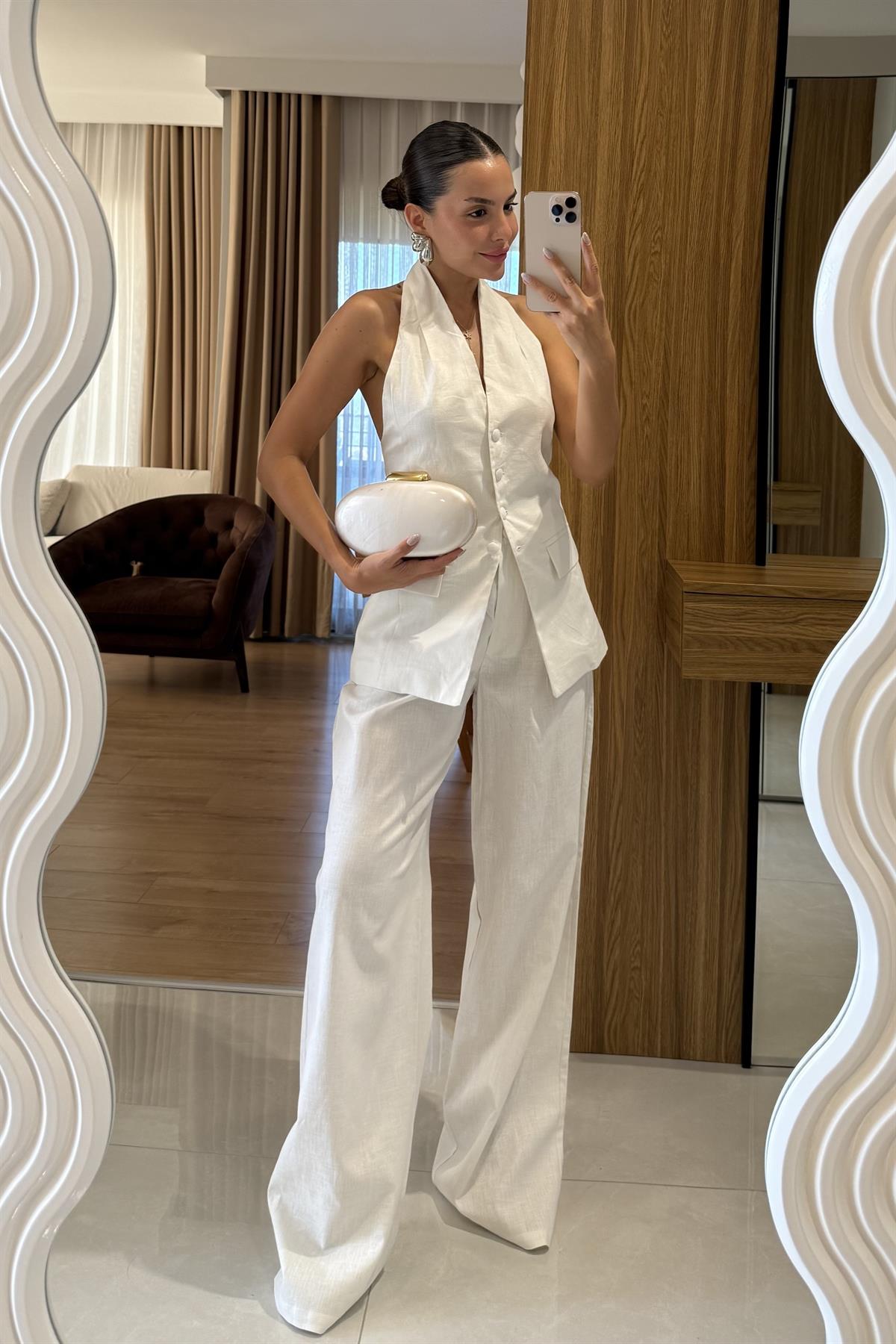 Sungle Beyaz Keten Yelekli Premium Takım