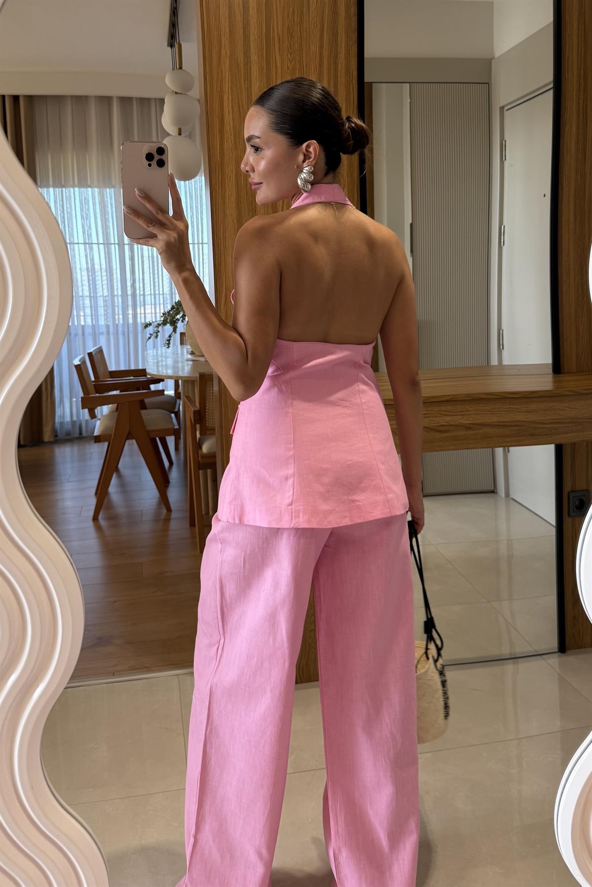 Sungle Pembe Keten Yelekli Premium Takım