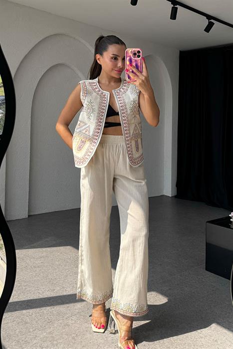Sunniva Keten Nakışlı Pantolon Yelek Takım
