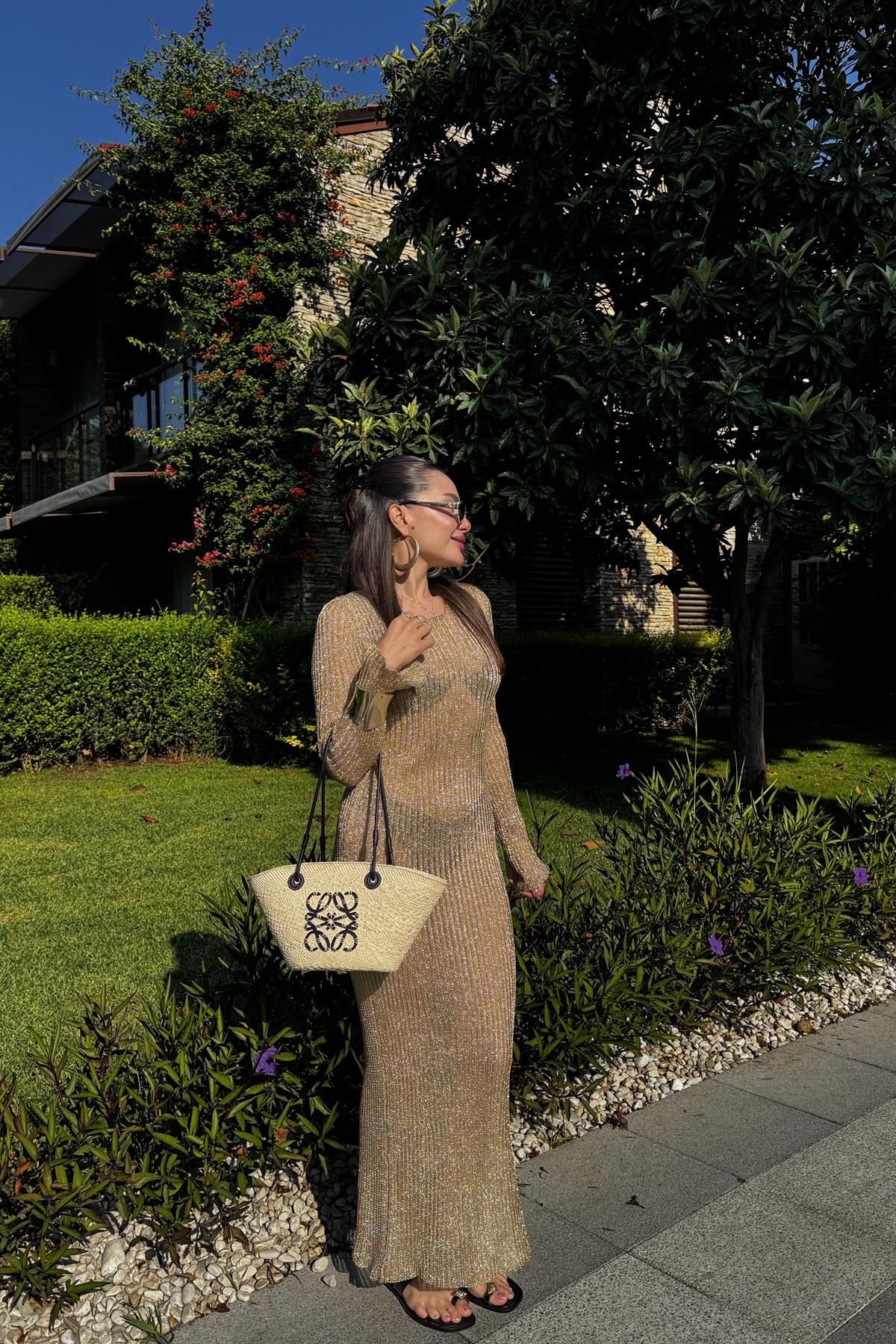 Svitlana Gold Uzun Simli Plaj Elbisesi