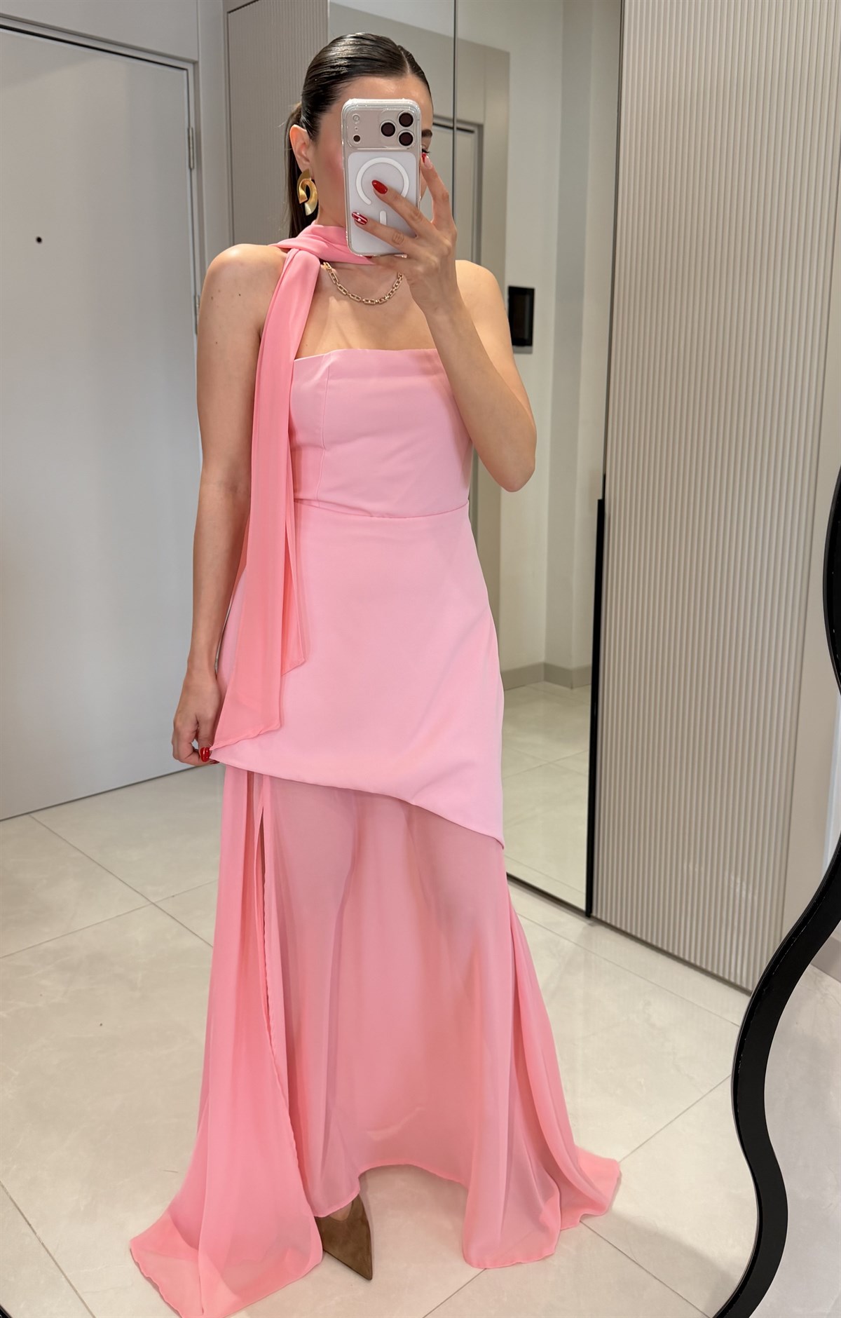 Swan Pembe Şallı Tasarım Elbise