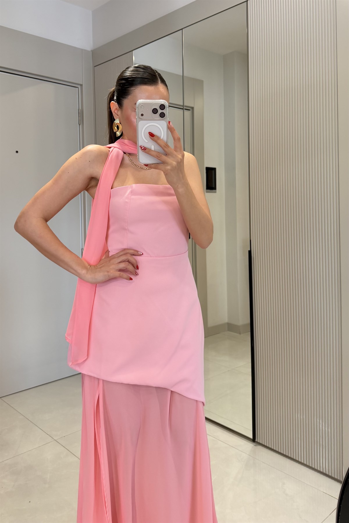 Swan Pembe Şallı Tasarım Elbise
