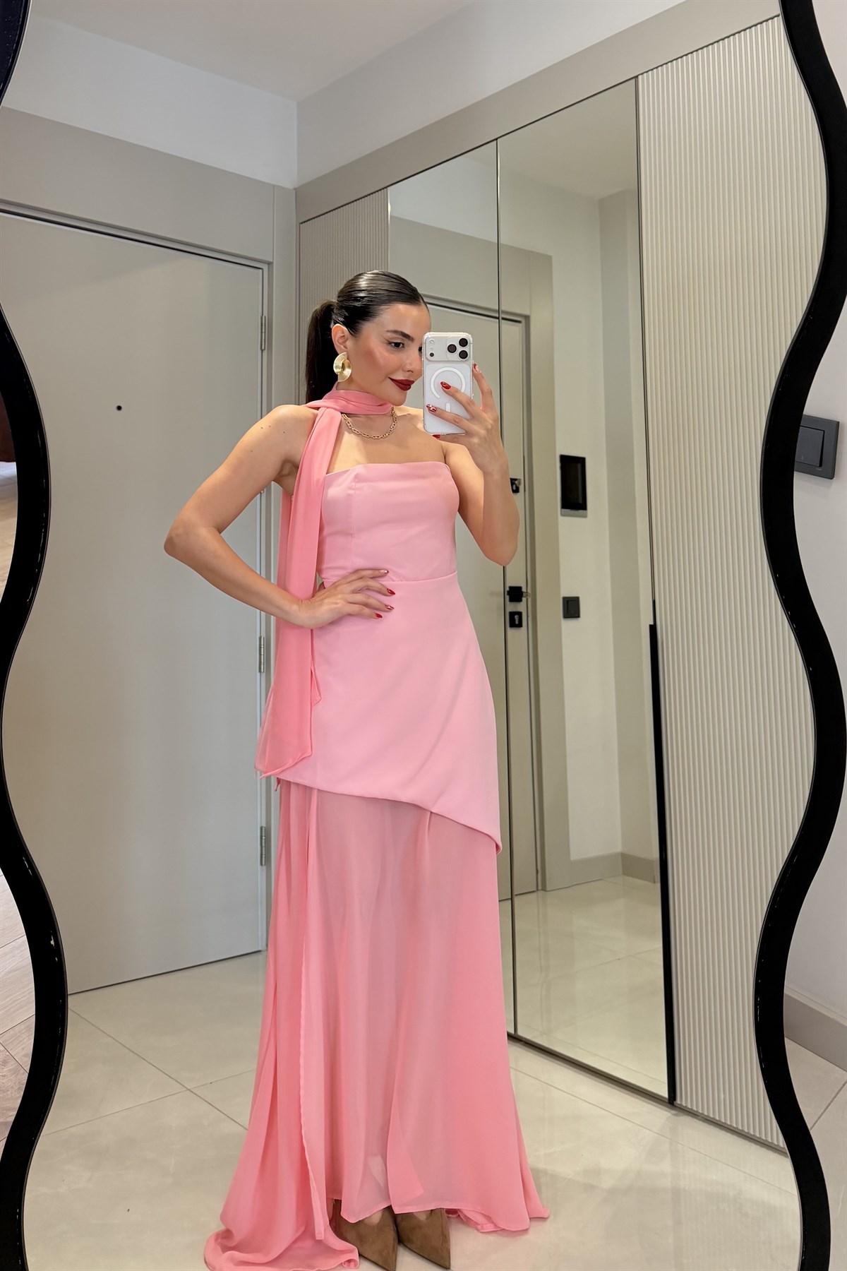 Swan Pembe Şallı Tasarım Elbise