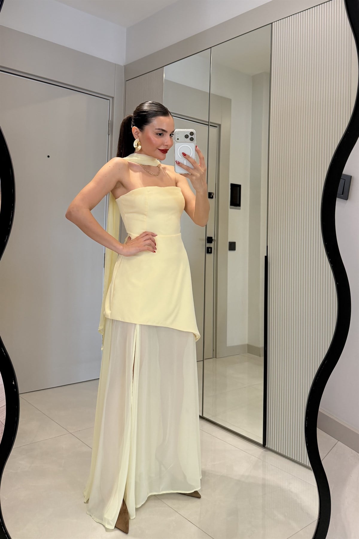 Swan Sarı Şallı Tasarım Elbise