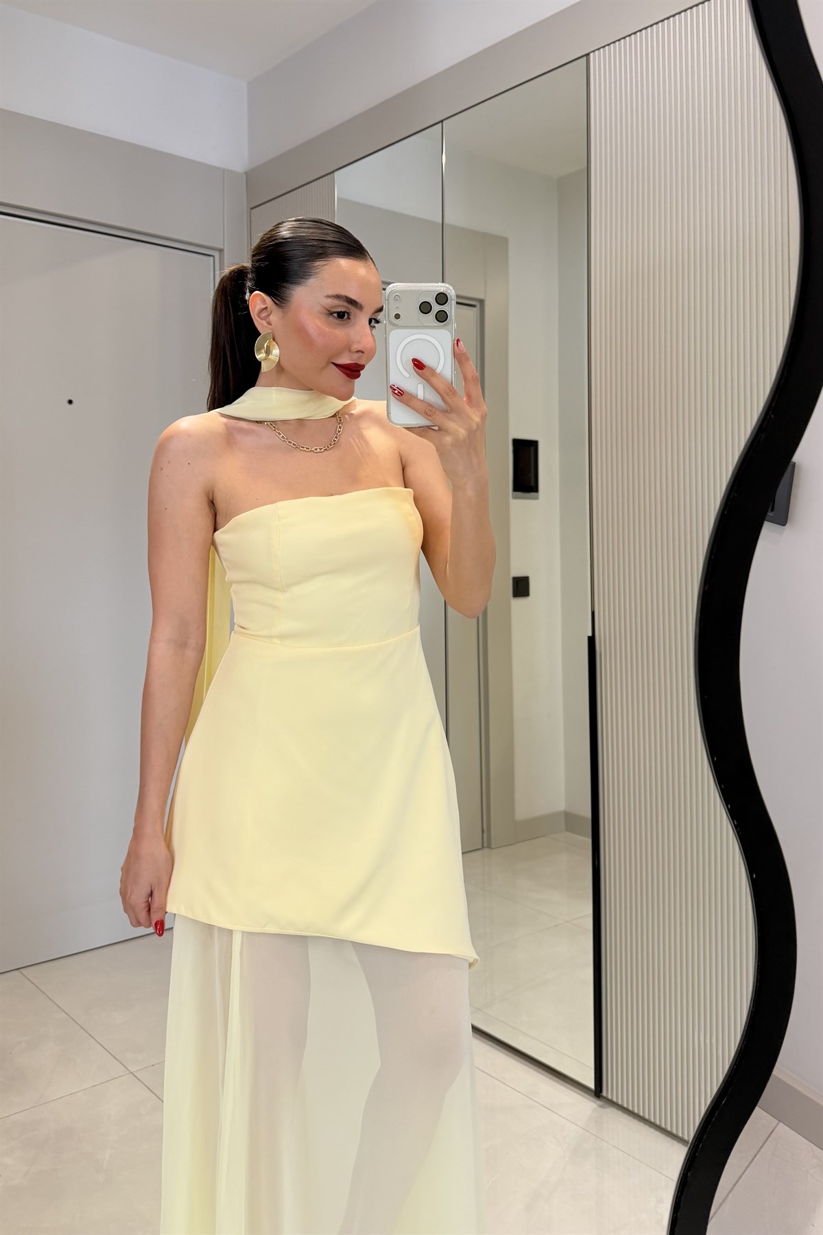 Swan Sarı Şallı Tasarım Elbise