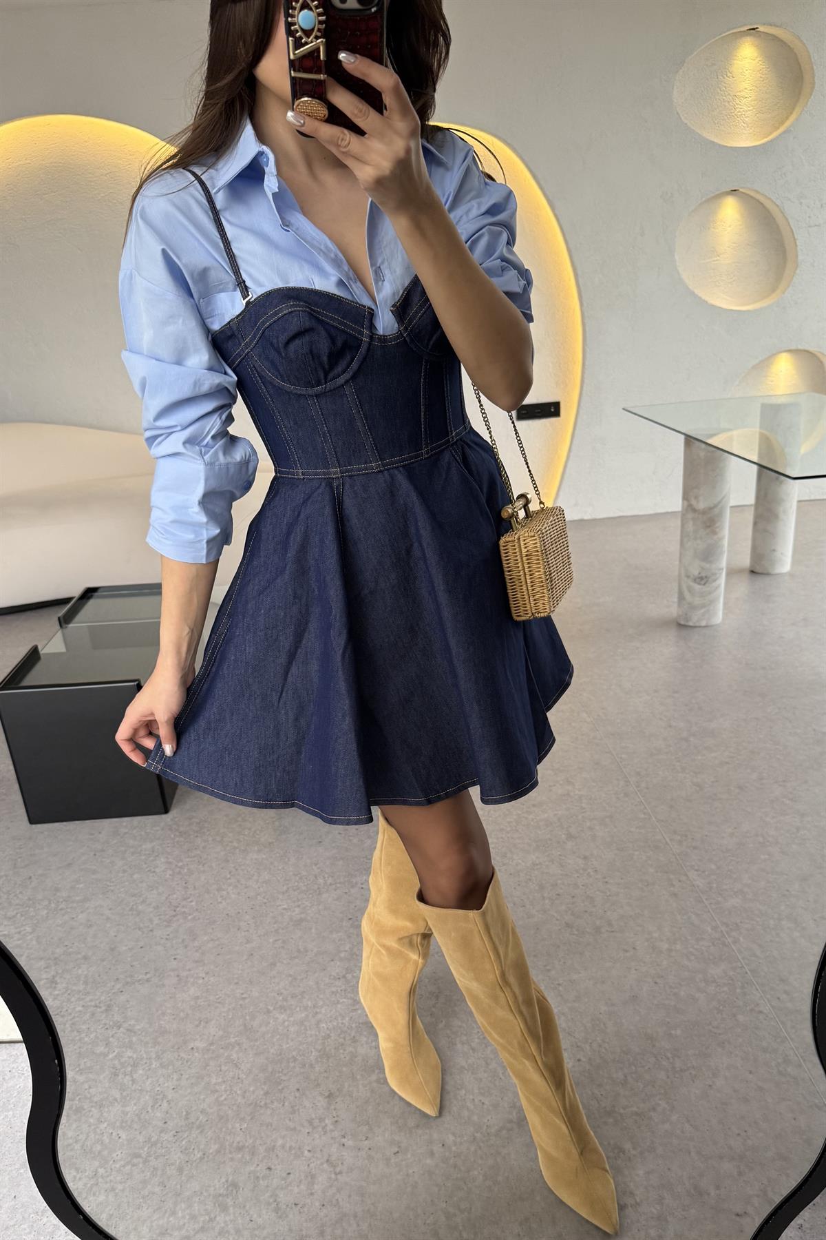 Enrico Volanlı Kalp Yaka Denim Elbise 