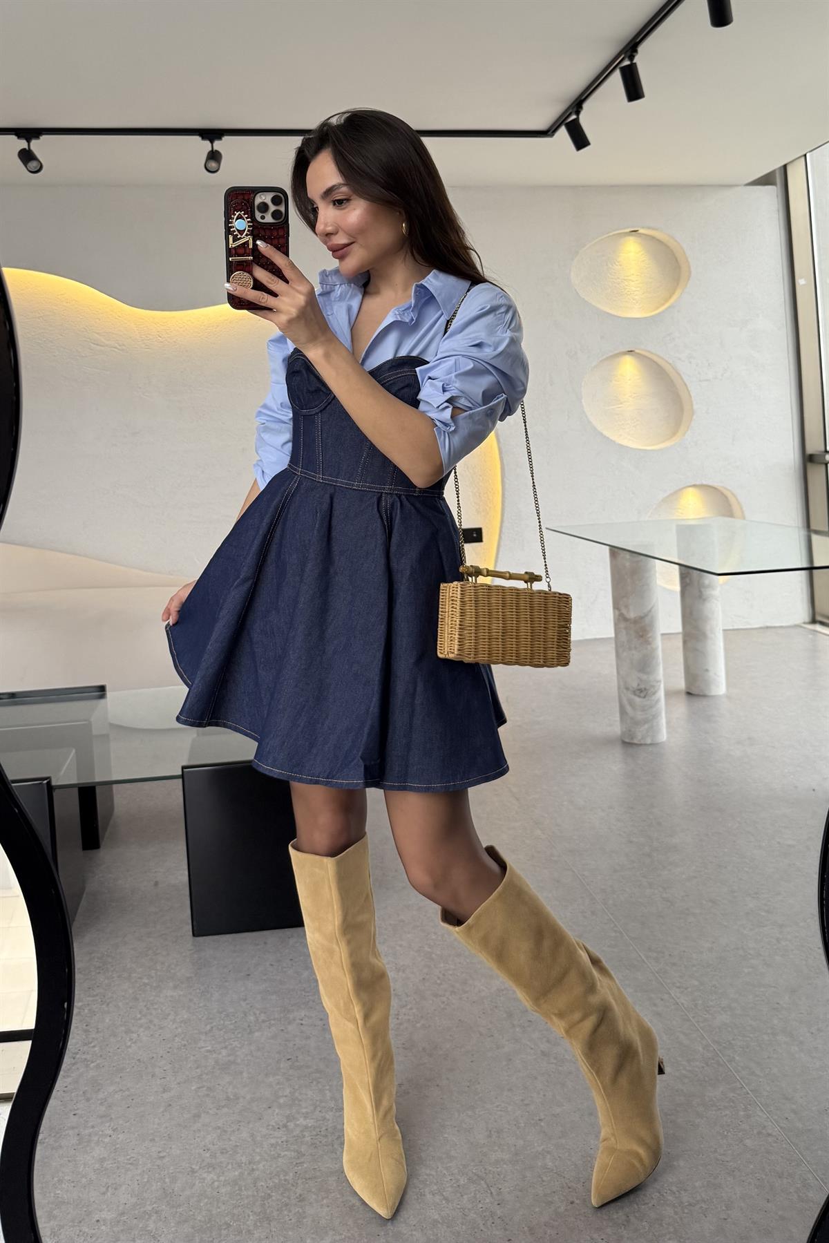 Enrico Volanlı Kalp Yaka Denim Elbise 