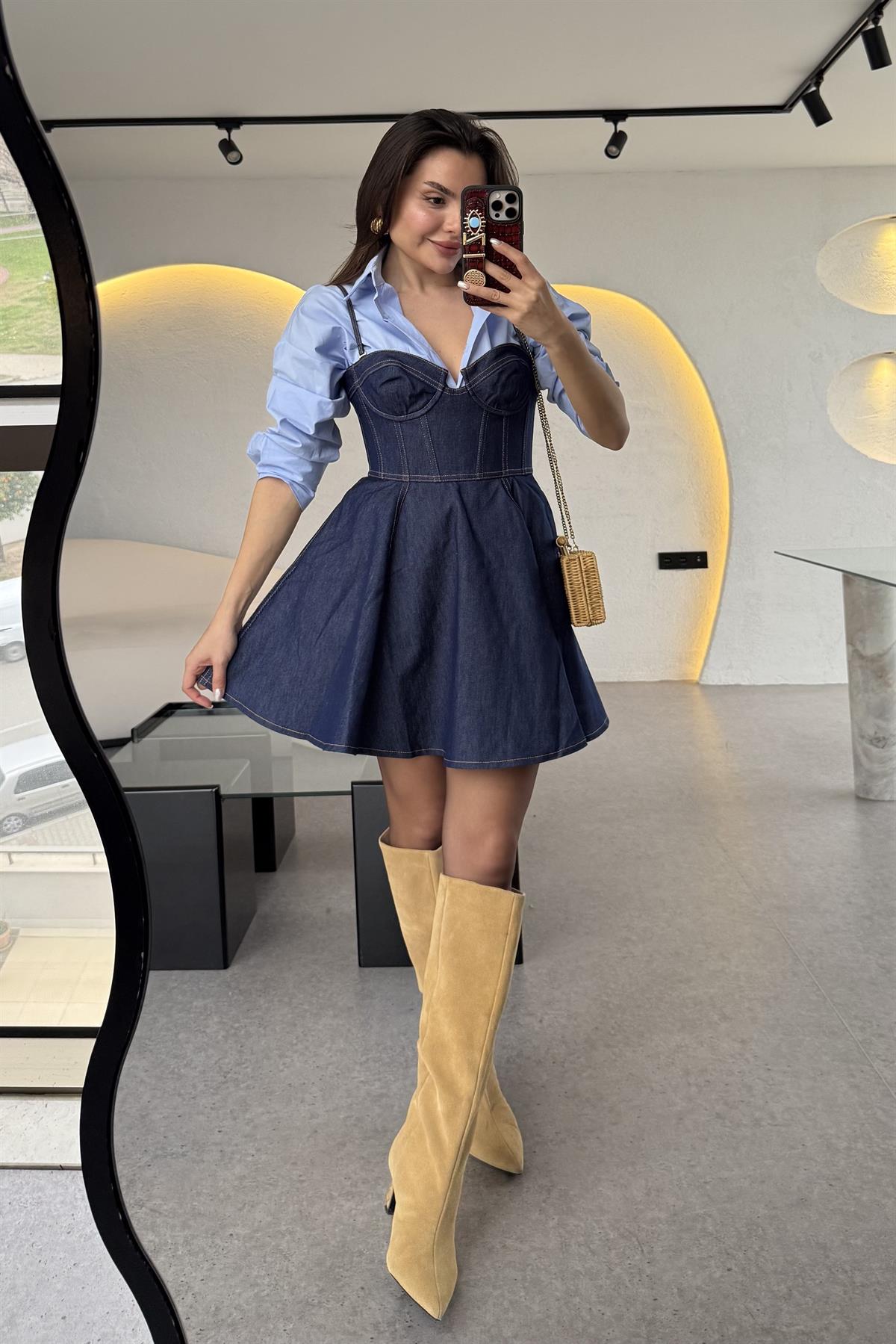 Enrico Volanlı Kalp Yaka Denim Elbise 