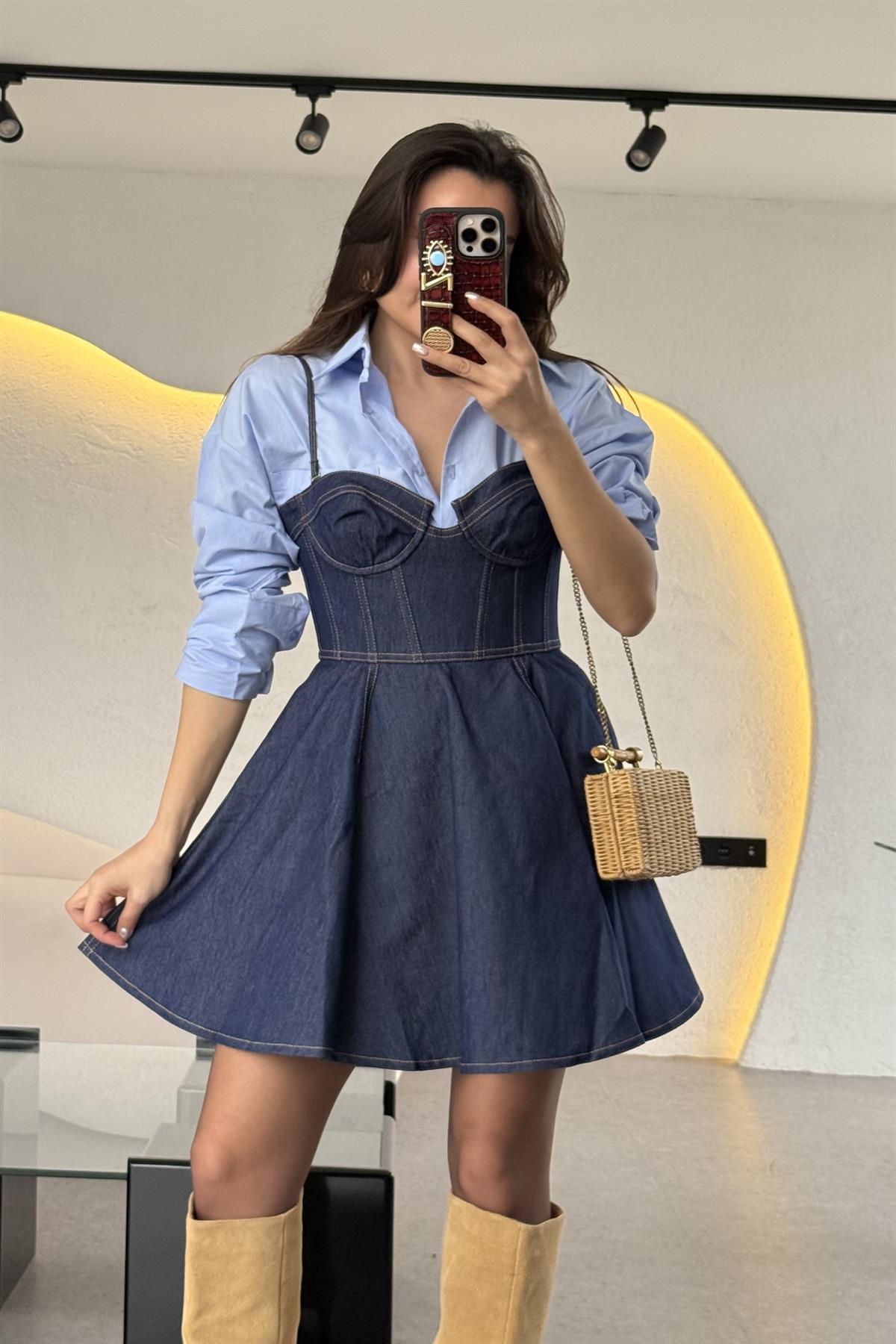 Enrico Volanlı Kalp Yaka Denim Elbise 