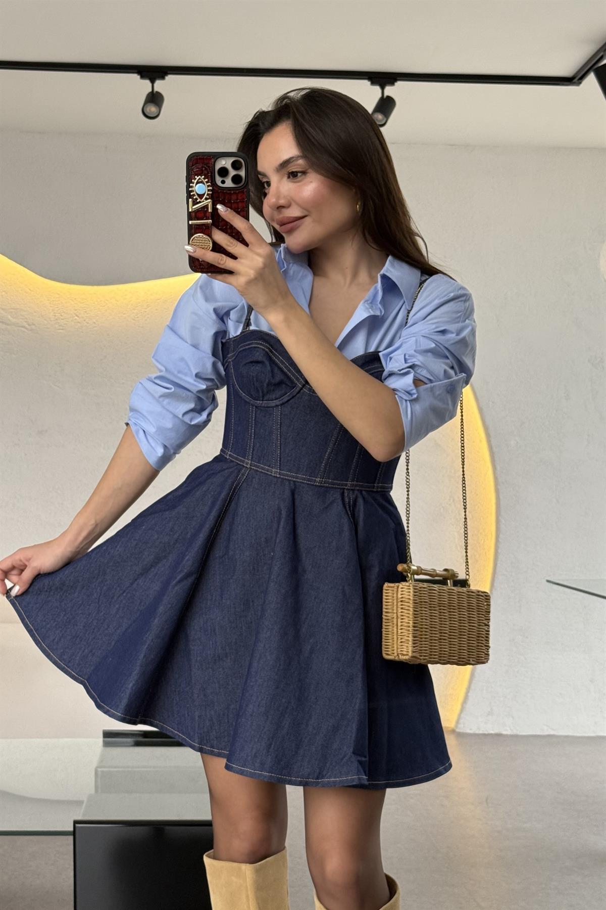 Enrico Volanlı Kalp Yaka Denim Elbise 