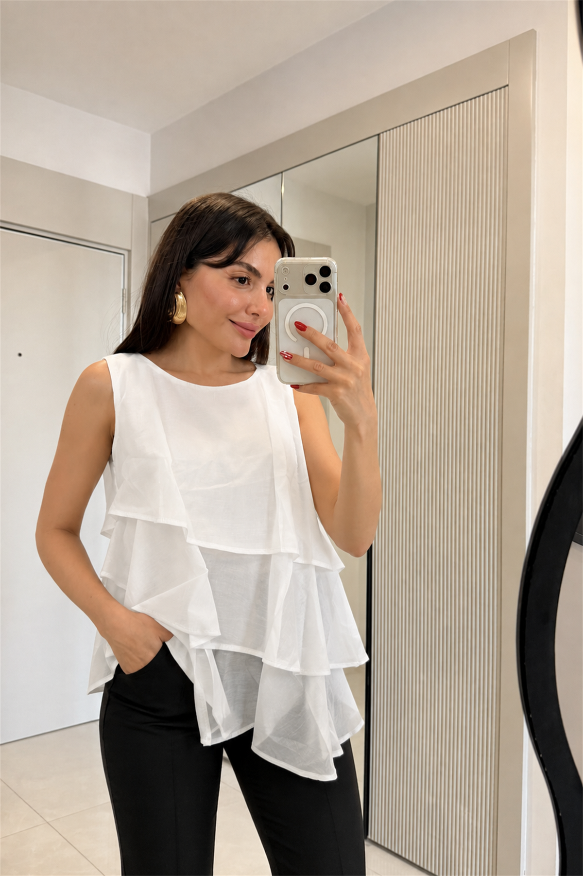 Sway Beyaz Şifon Fırfırlı Bluz