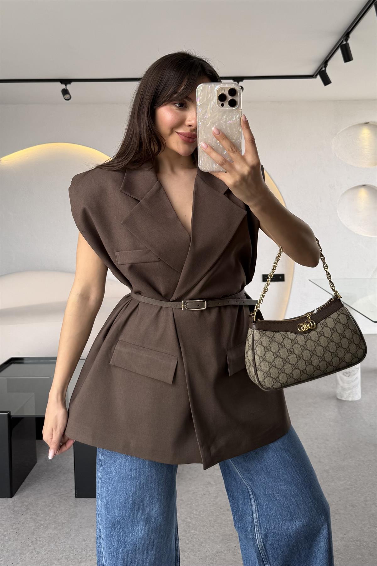 Swim Kahve Vatkalı Kemerli Yelek