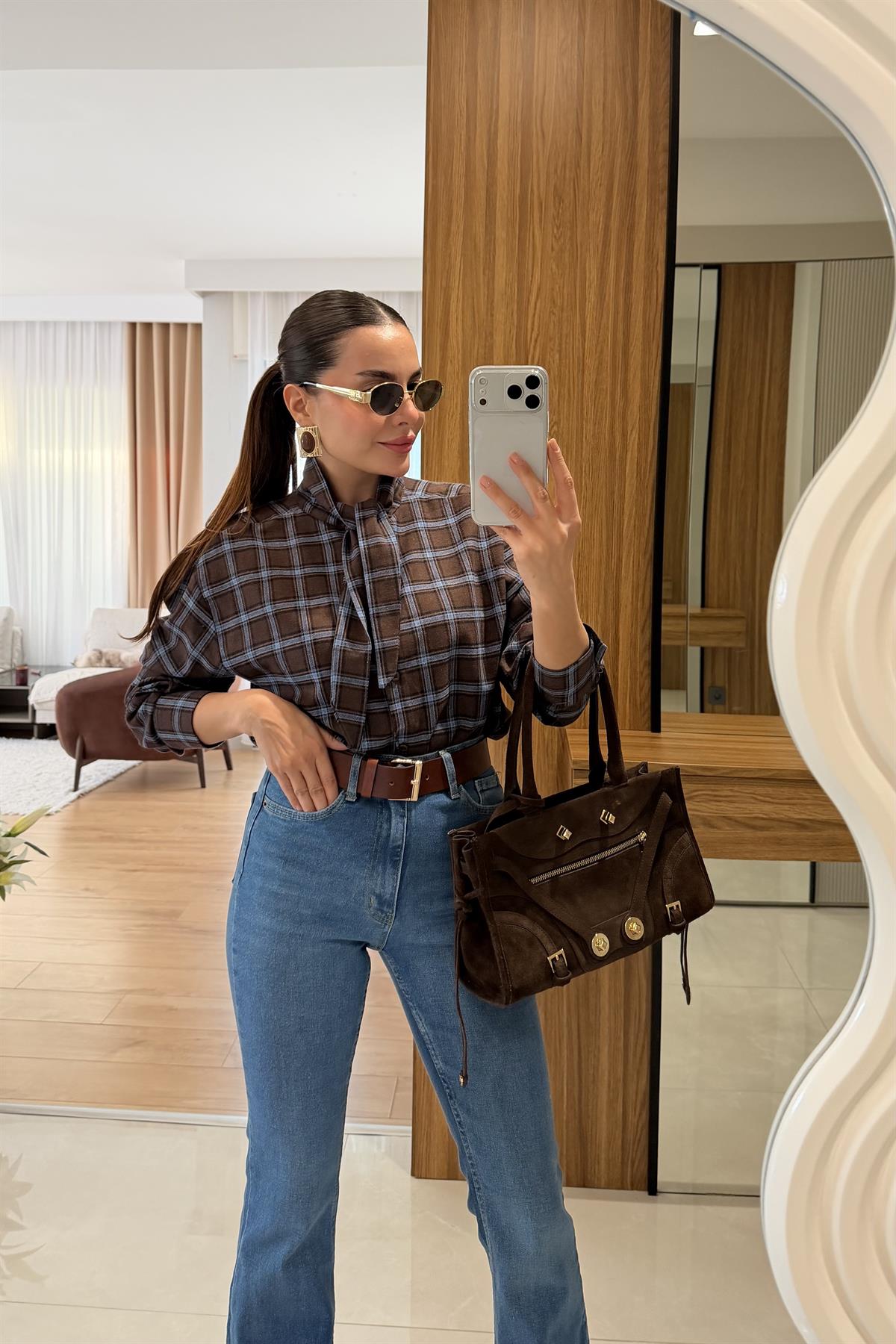 Taisca Acı Kahve Kareli Gömlek