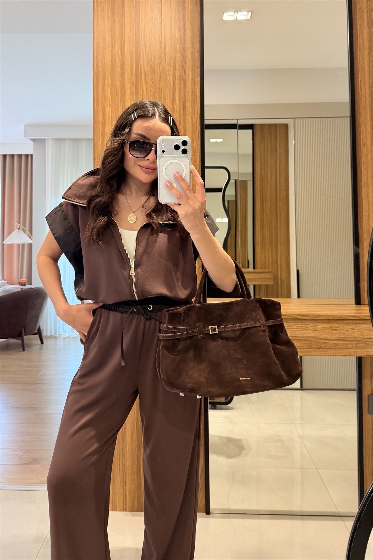Tania Kahve Yelekli Paraşüt Detaylı Modal Takım