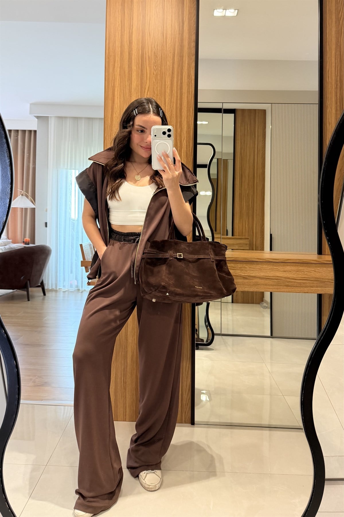 Tania Kahve Yelekli Paraşüt Detaylı Modal Takım