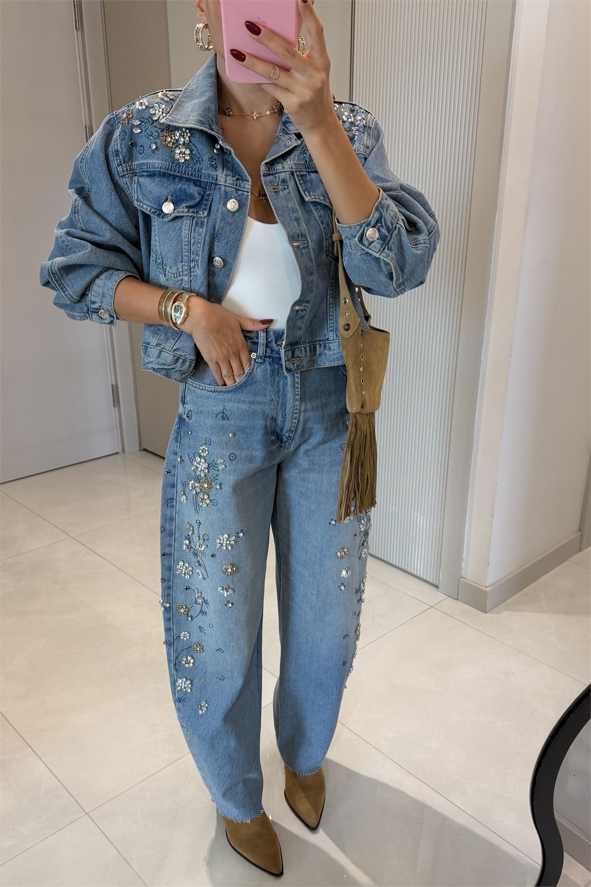 Tatiana Full Çakım Taş İşlemeli Denim Ceket