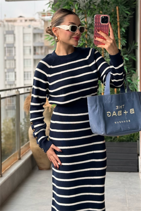 Tatya Çizgili Örme Triko Takım - Lacivert