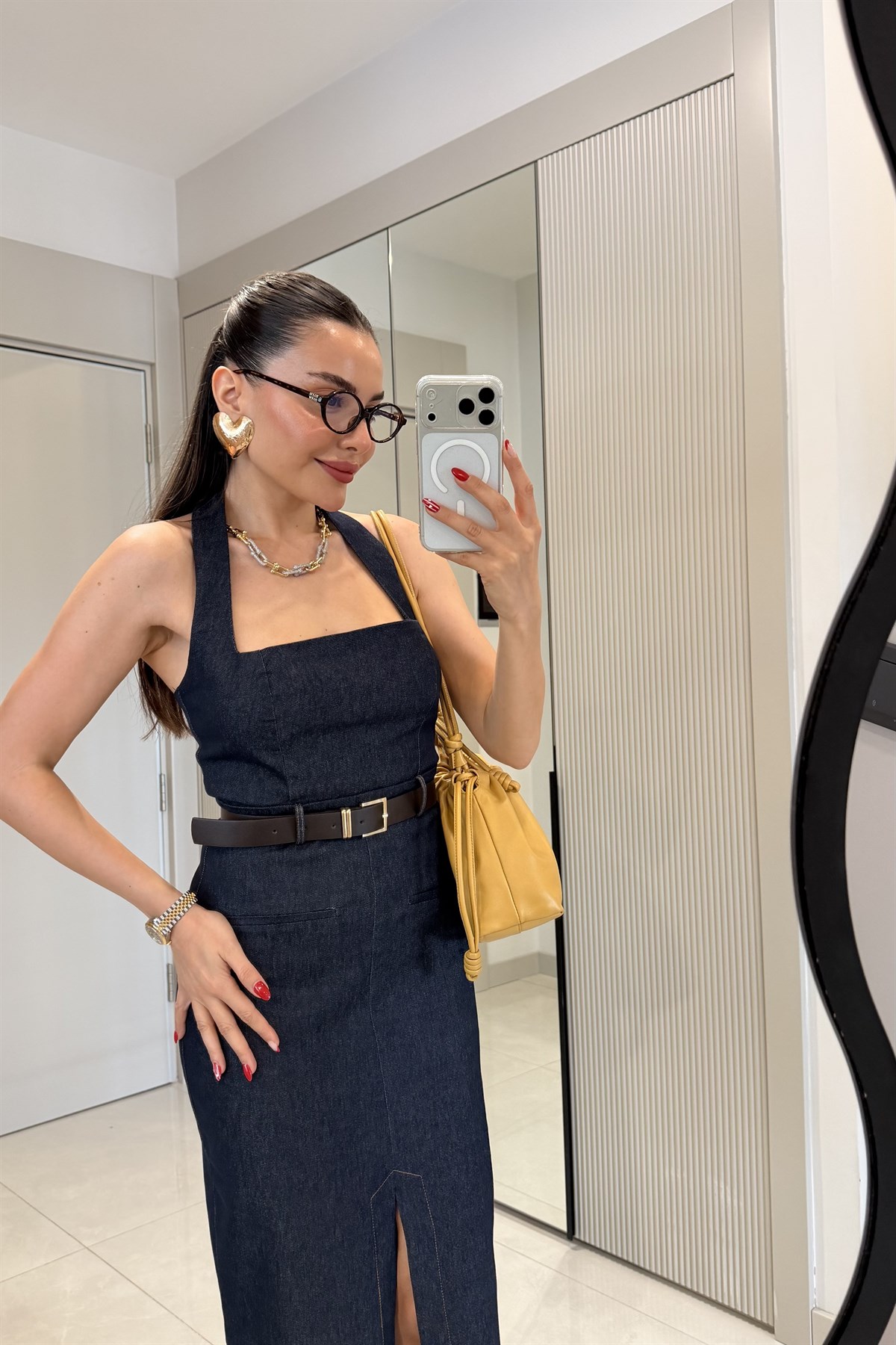 Teach Lacivert Kemerli Denim Elbise
