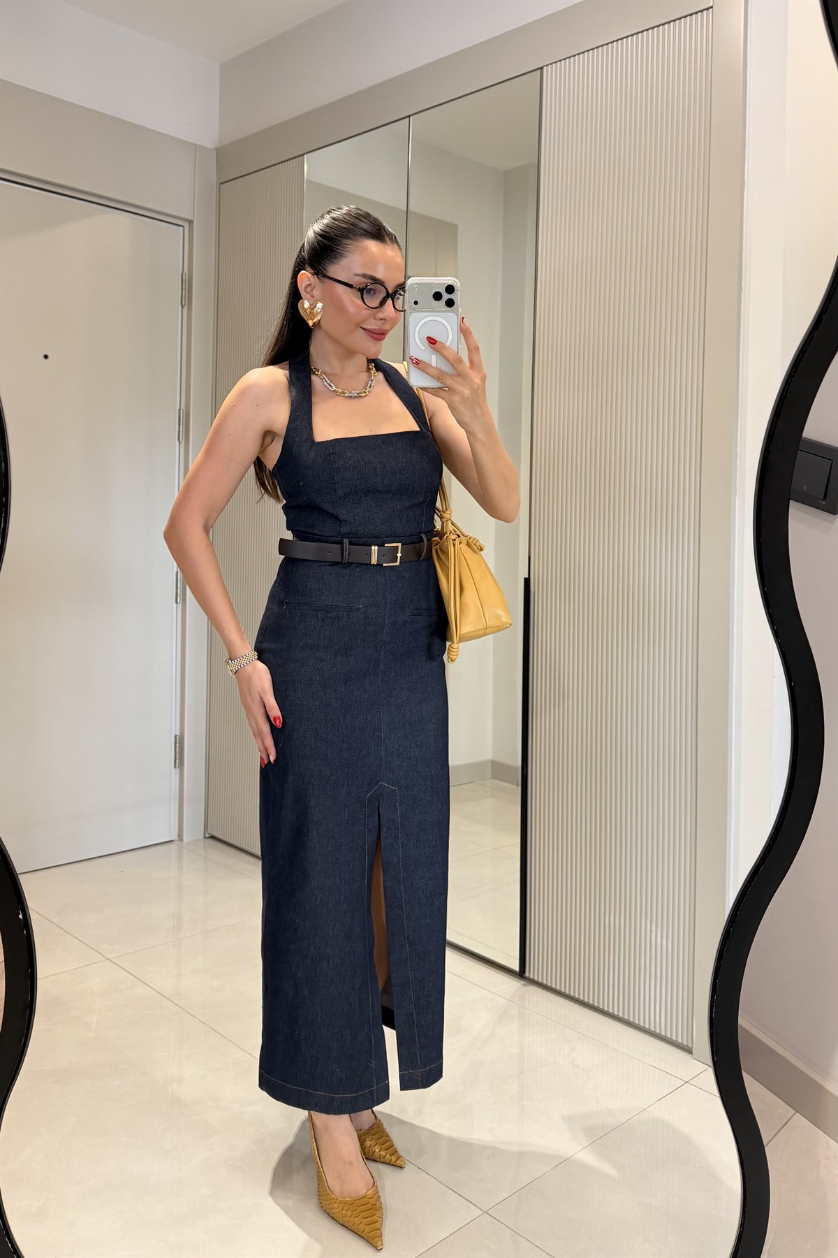 Teach Lacivert Kemerli Denim Elbise