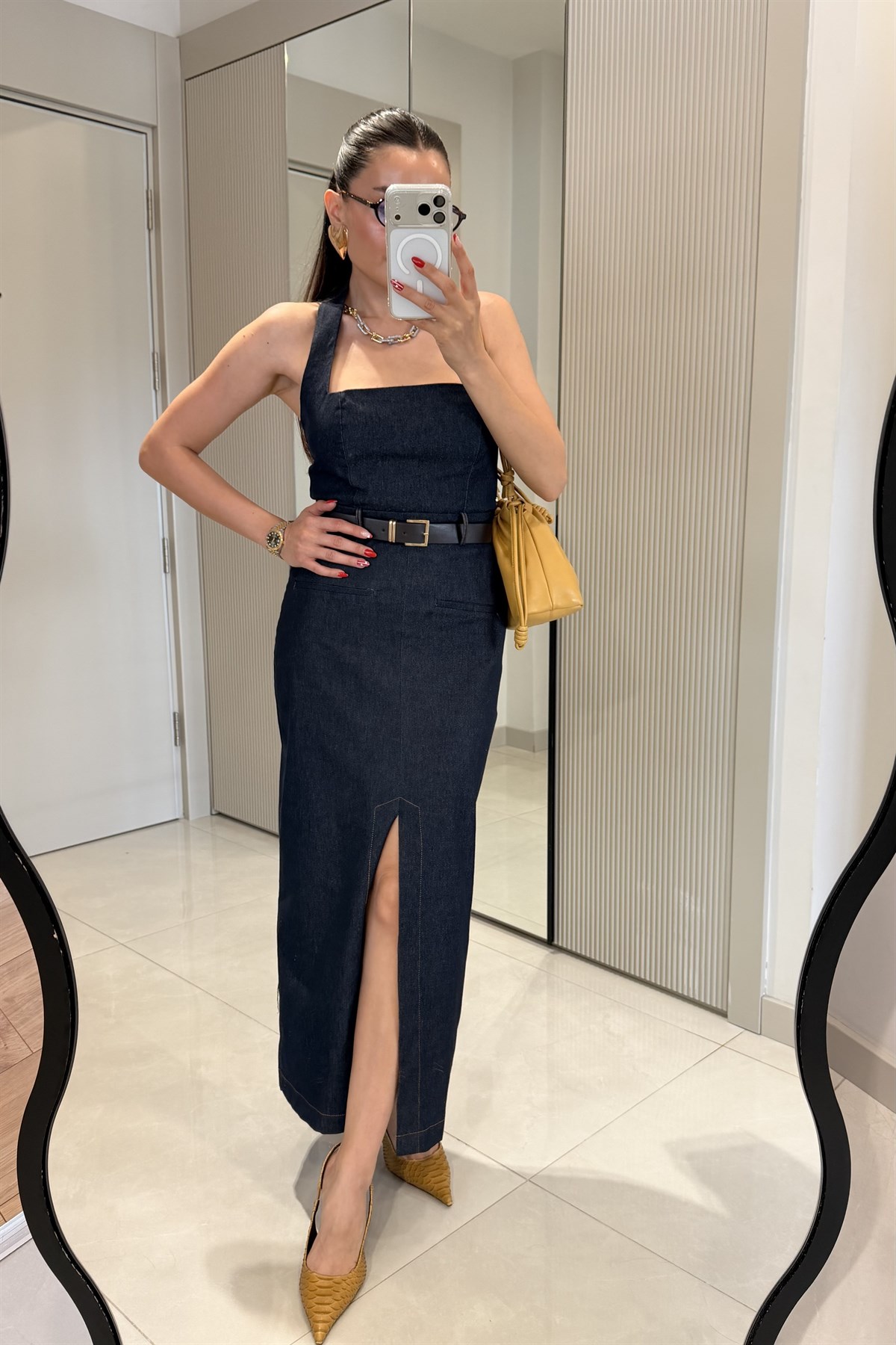 Teach Lacivert Kemerli Denim Elbise