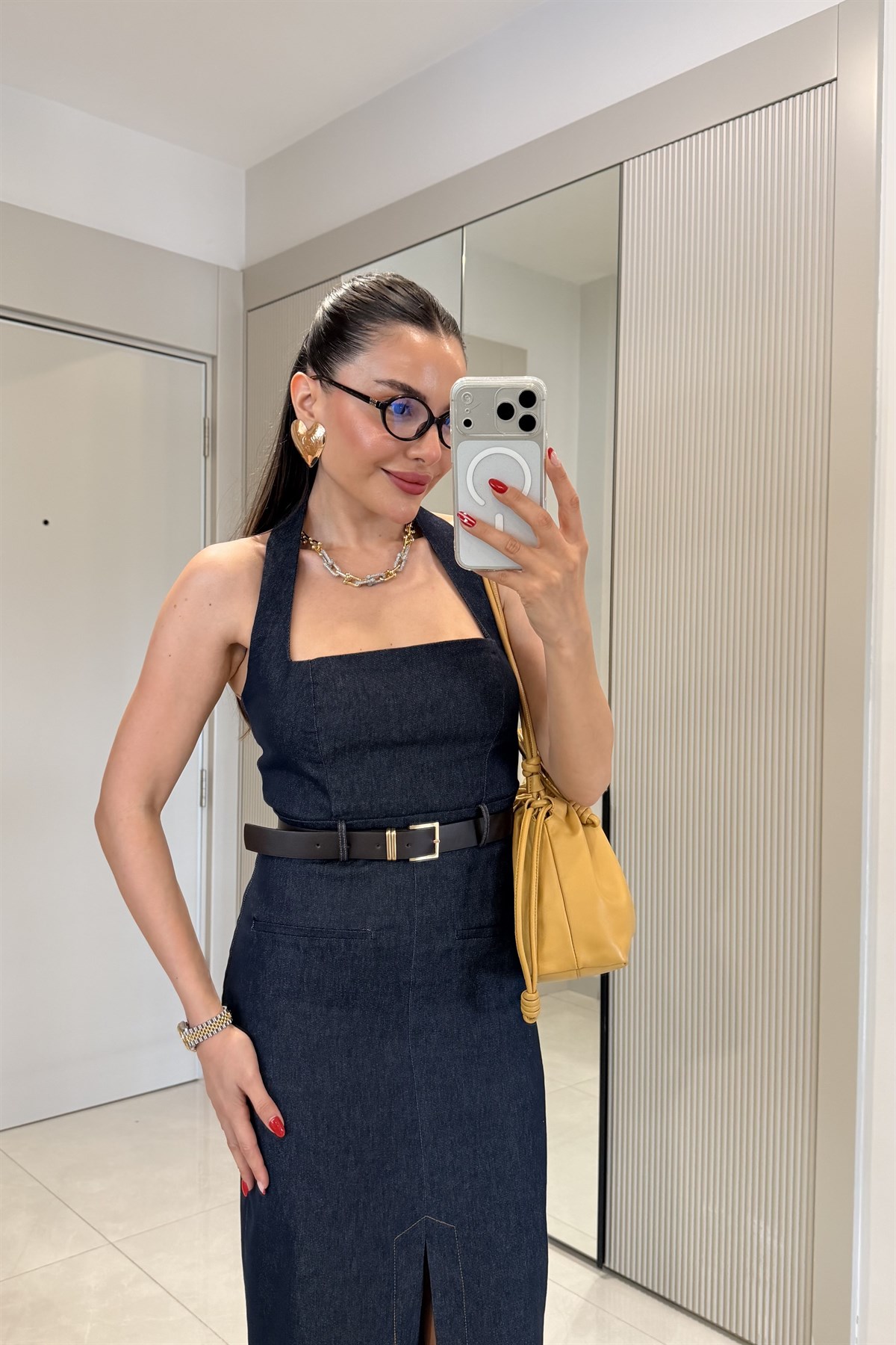 Teach Lacivert Kemerli Denim Elbise