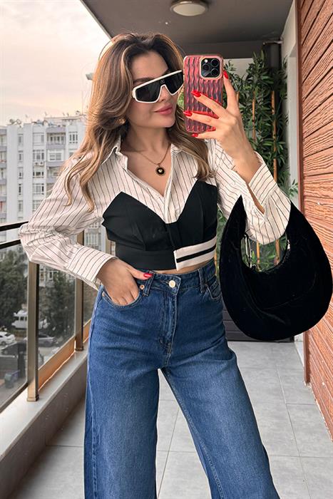 Tessa Match Detaylı Çizgili Crop Gömlek 