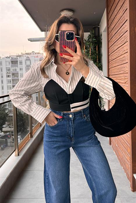 Tessa Match Detaylı Çizgili Crop Gömlek 