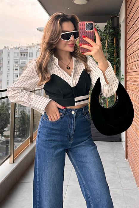 Tessa Match Detaylı Çizgili Crop Gömlek 