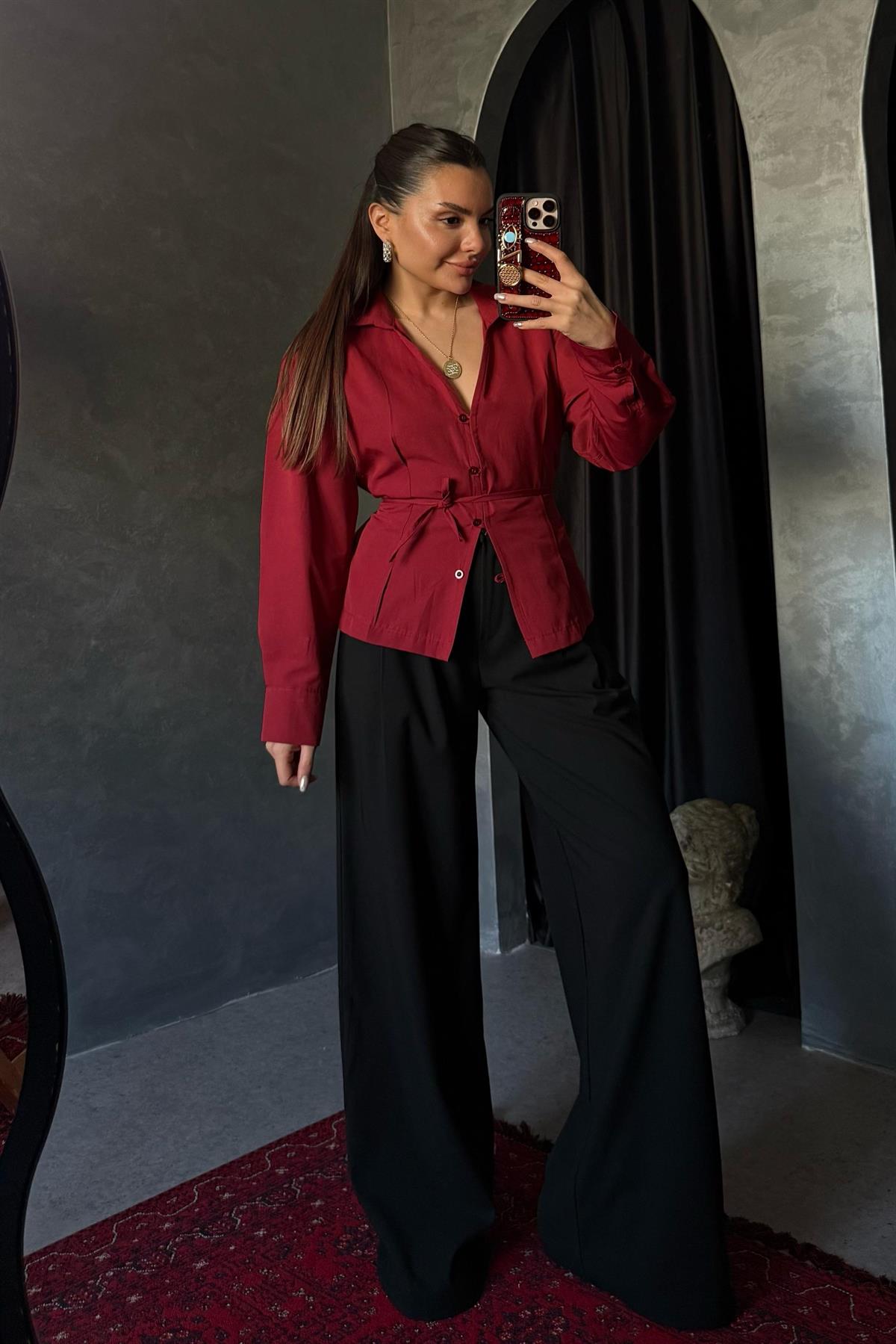 Thalia Bordo Bağlama Detaylı Gömlek 