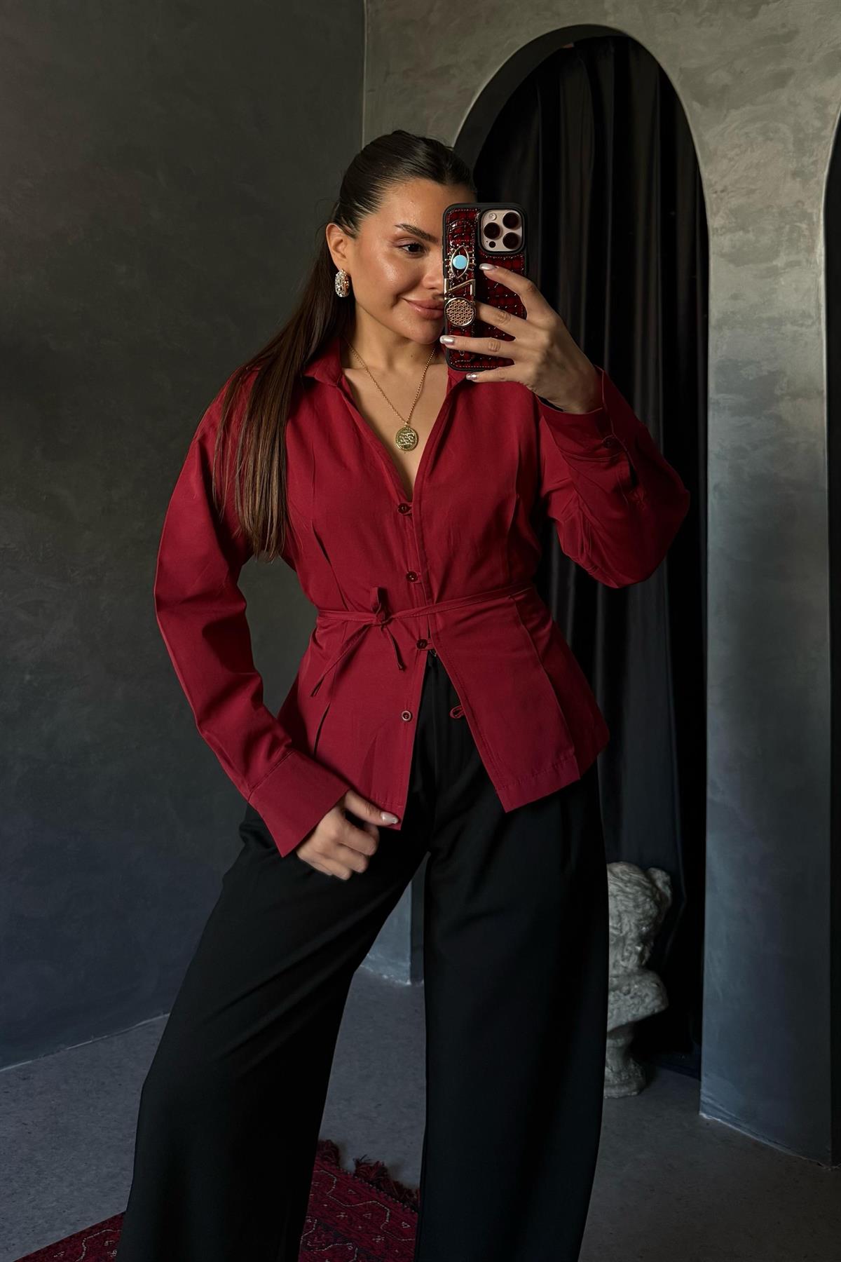 Thalia Bordo Bağlama Detaylı Gömlek 