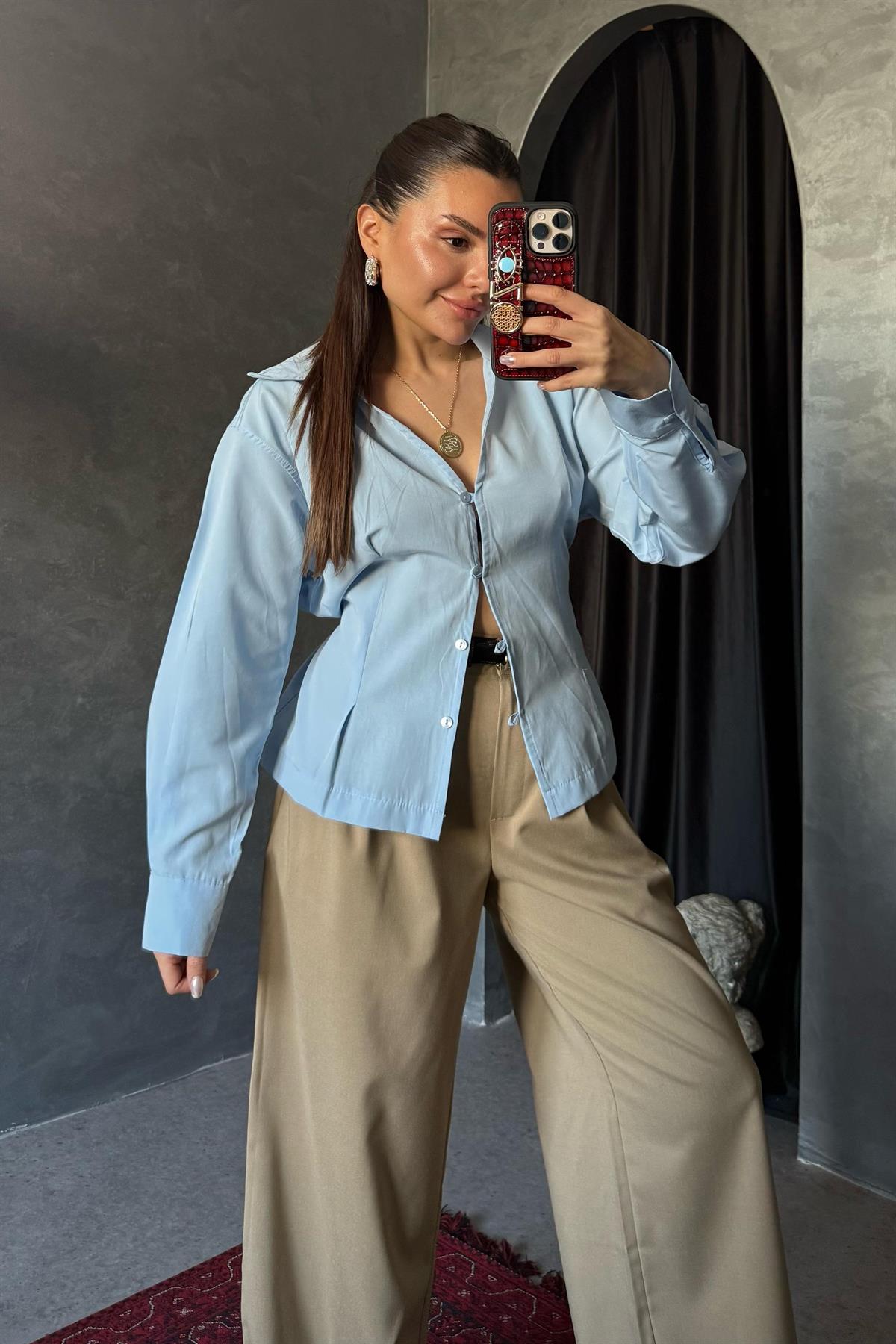 Thalia Buz Mavi Bağlama Detaylı Gömlek 