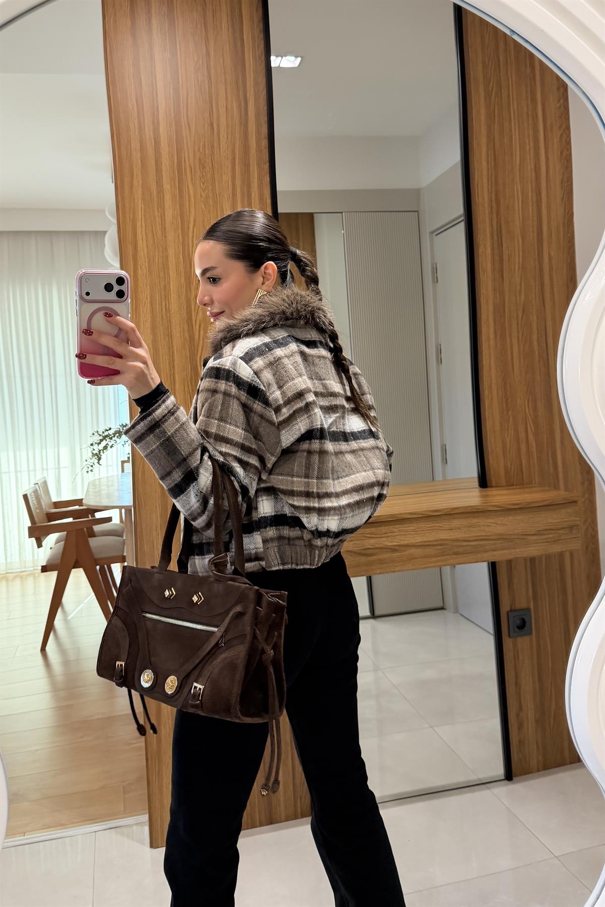 Thenio Kahve Yakası Tüylü Ekose Ceket