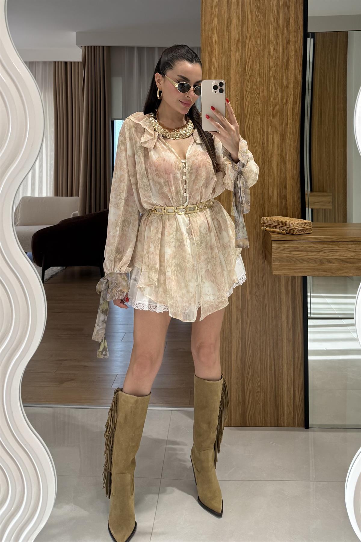 Theodore Desenli Tasarım Şifon Gömlek